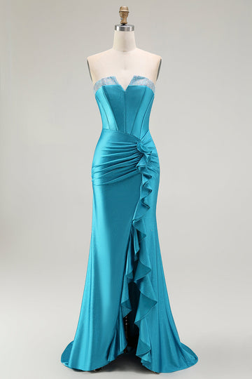 Vestido de fiesta azul con corsé sin tirantes de sirena con abertura de volantes